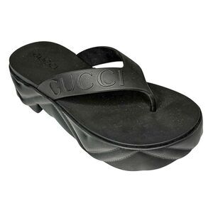 Gucci Rubber Chevron Logo Platform Thong Sandals Black Size 37 Box & Dust Bag